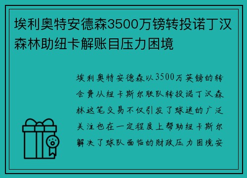 埃利奥特安德森3500万镑转投诺丁汉森林助纽卡解账目压力困境 埃利奥特安德森3500万镑转投诺丁汉森林助纽卡解账目压力困境
