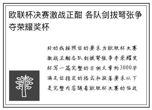 欧联杯决赛激战正酣 各队剑拔弩张争夺荣耀奖杯